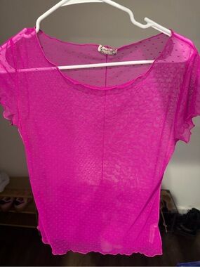 Free People Sheer Dotted Short Sleeve Top - Hot Pink
